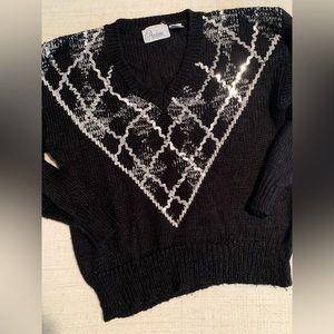 Vintage V neck black sweater with silver sequins details size Large